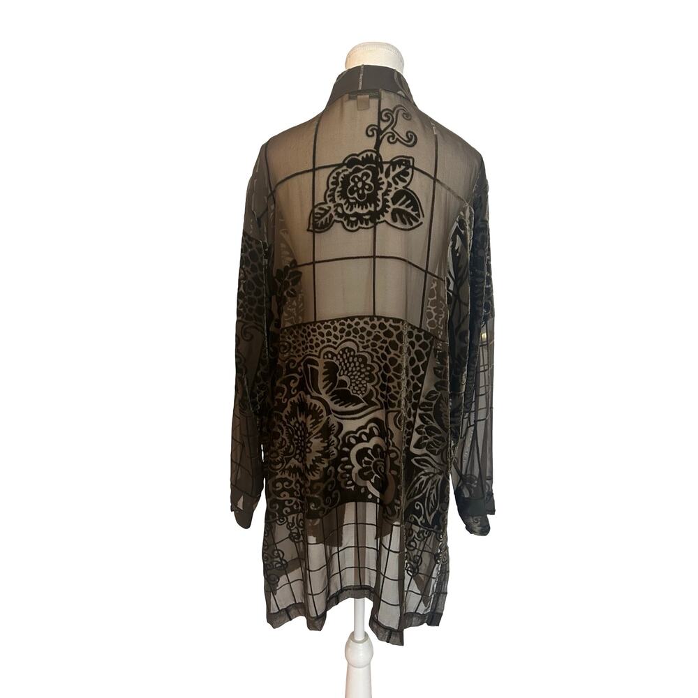 Coldwater Creek Burnout Velvet Duster Blouse Sheer Mocha Floral Y2K - Picture 3 of 15
